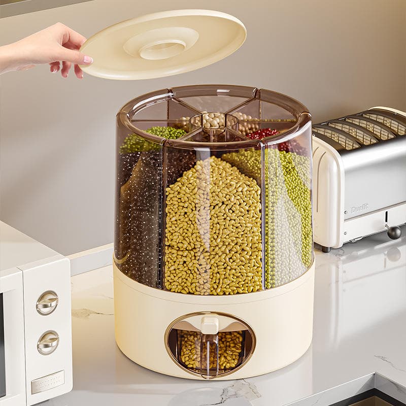 6-Grid Rotatable Rice & Grain Dispenser – Transparent Sealed Kitchen Storage Container